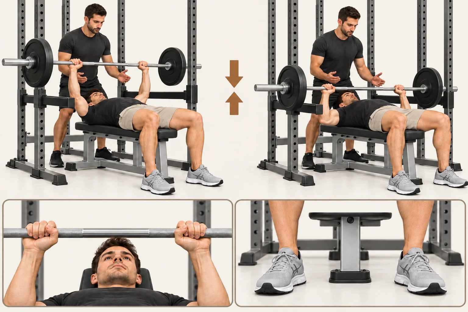 Barbell bench press: Unrack with help as needed. Hold the bar above the chest with arms almost straight. Movement: Lower the bar slowly to the lower-to-middle chest, with elbows below shoulder level. Finish: A full rep ends with the bar above the chest. The image’s FINISH panel shows the bottom of the lowering phase.