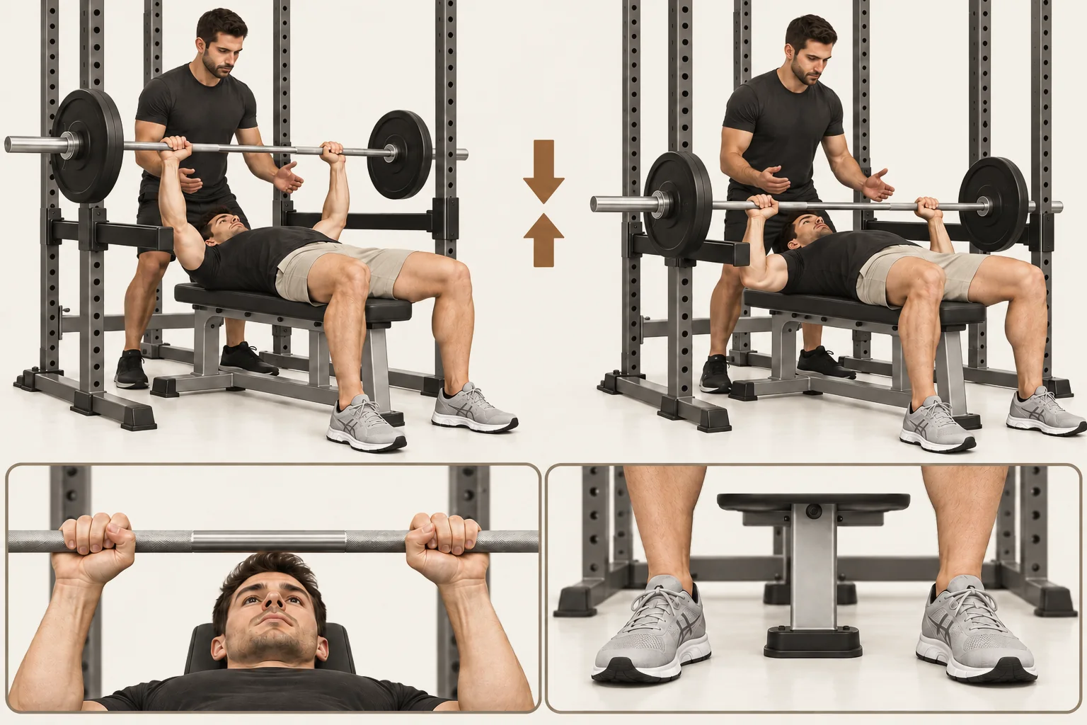 Barbell bench press: Unrack with help as needed. Hold the bar above the chest with arms almost straight. Movement: Lower the bar slowly to the lower-to-middle chest, with elbows below shoulder level. Finish: A full rep ends with the bar above the chest. The image’s FINISH panel shows the bottom of the lowering phase.