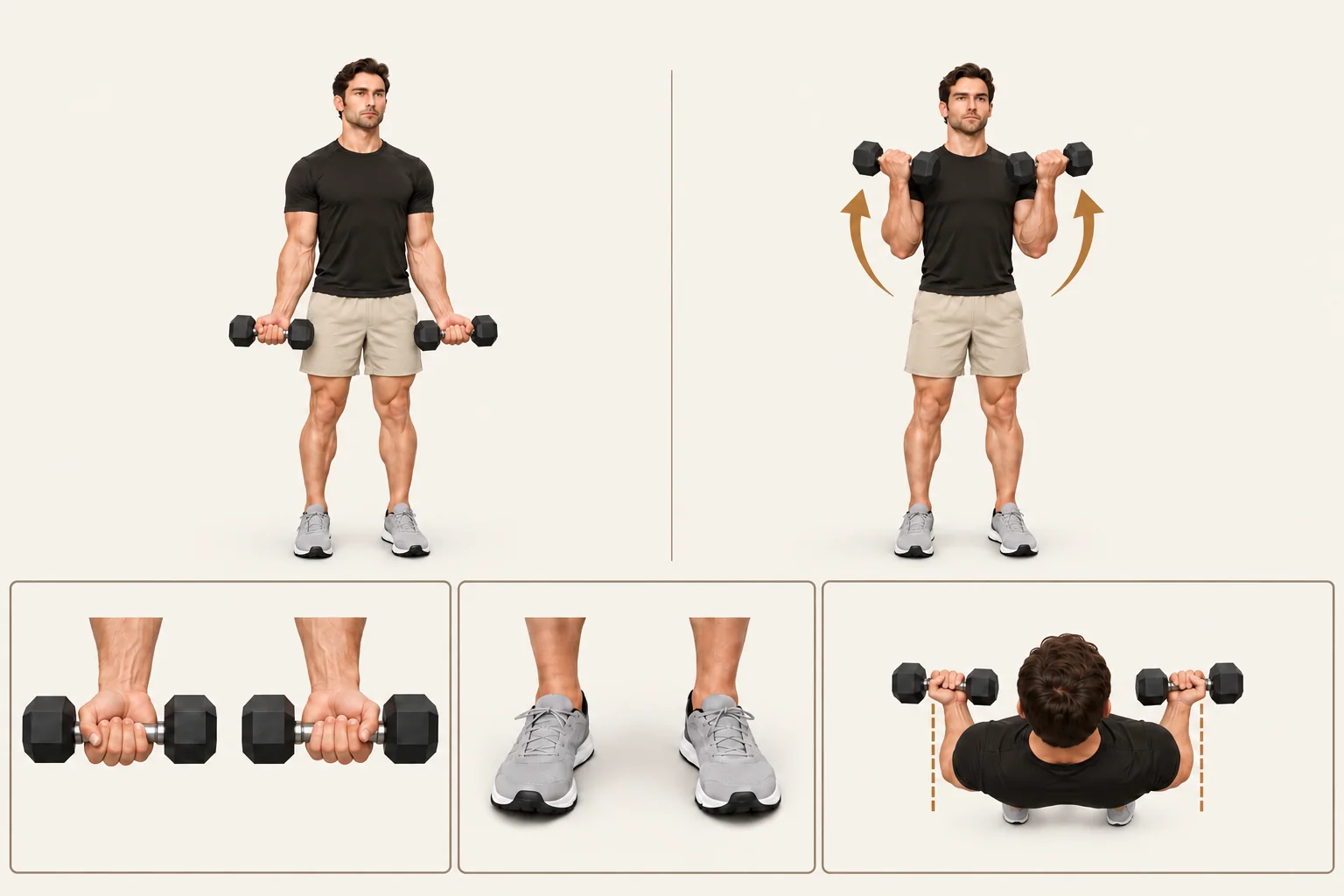 Dumbbell biceps curl: Arms by your sides, elbows almost straight. Movement: Bend the elbows to lift the dumbbells toward the shoulders. Finish: Elbows bent, weights near shoulders. Return to your sides.