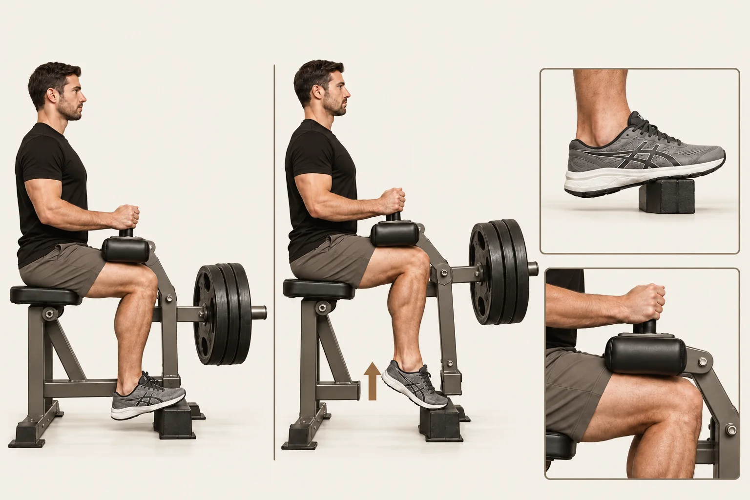 Calf raise machine: Knees bent, forefeet supported, heels lowered only as far as comfortable. Movement: Press through the balls of the feet to raise the heels. Finish: Heels raised; forefeet remain on the block. Return slowly.