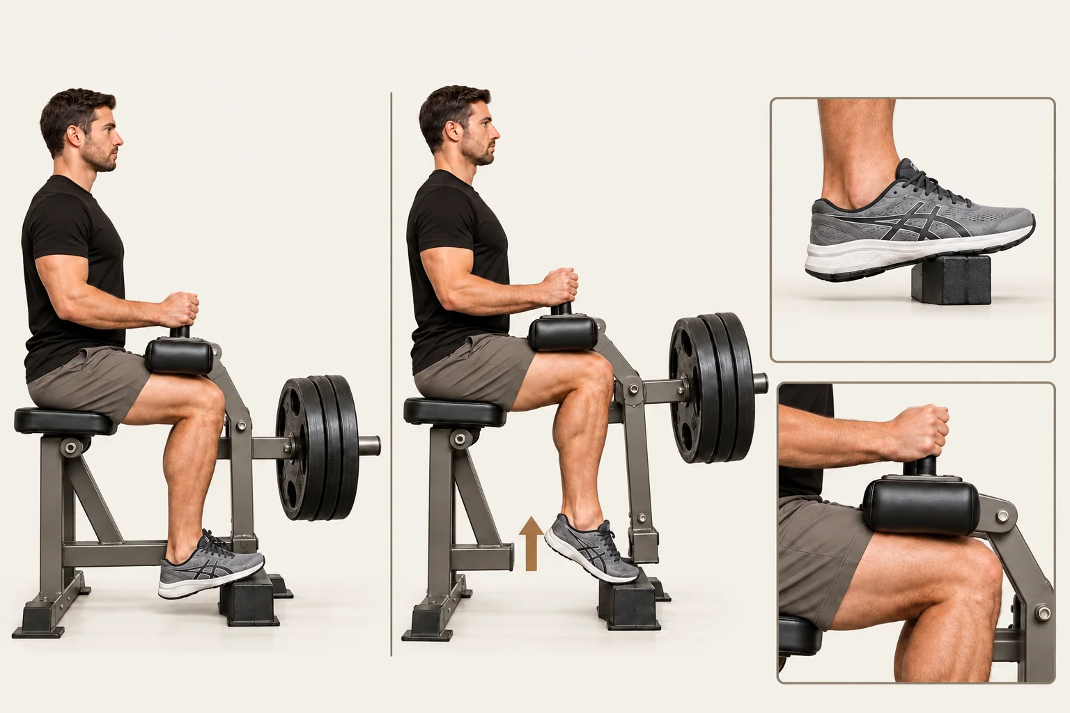 Calf raise machine: Knees bent, forefeet supported, heels lowered only as far as comfortable. Movement: Press through the balls of the feet to raise the heels. Finish: Heels raised; forefeet remain on the block. Return slowly.
