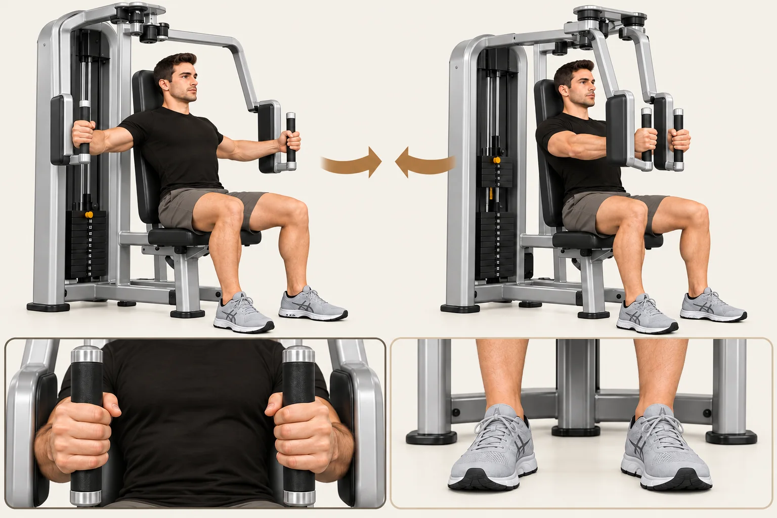 Pec deck / chest fly: Arms open beside the chest in a comfortable range. Movement: Bring the handles together in a broad arc in front of your chest. Finish: Hands close together in front of chest; back stays supported.