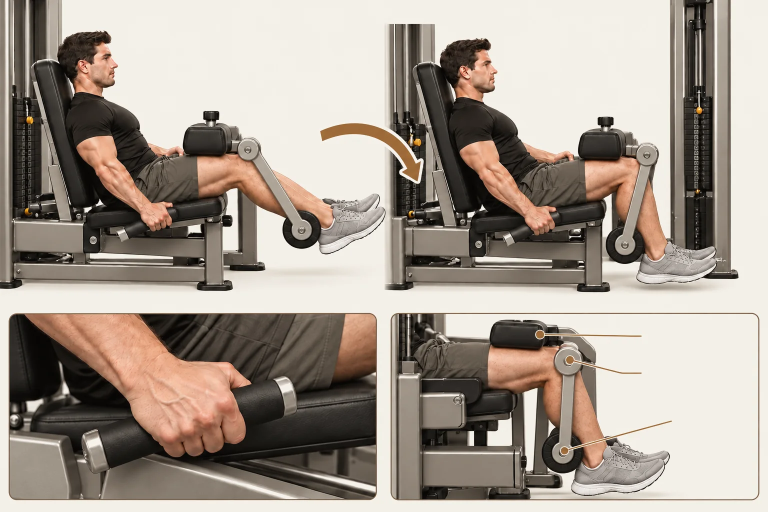 Seated leg curl start with lower legs extended forward and finish with knees bent. Thigh restraint stays above the knees, the moving roller supports the backs of the lower calves, and hands hold fixed handles. Arrows show the downward and backward curl, with grip and alignment close-ups.