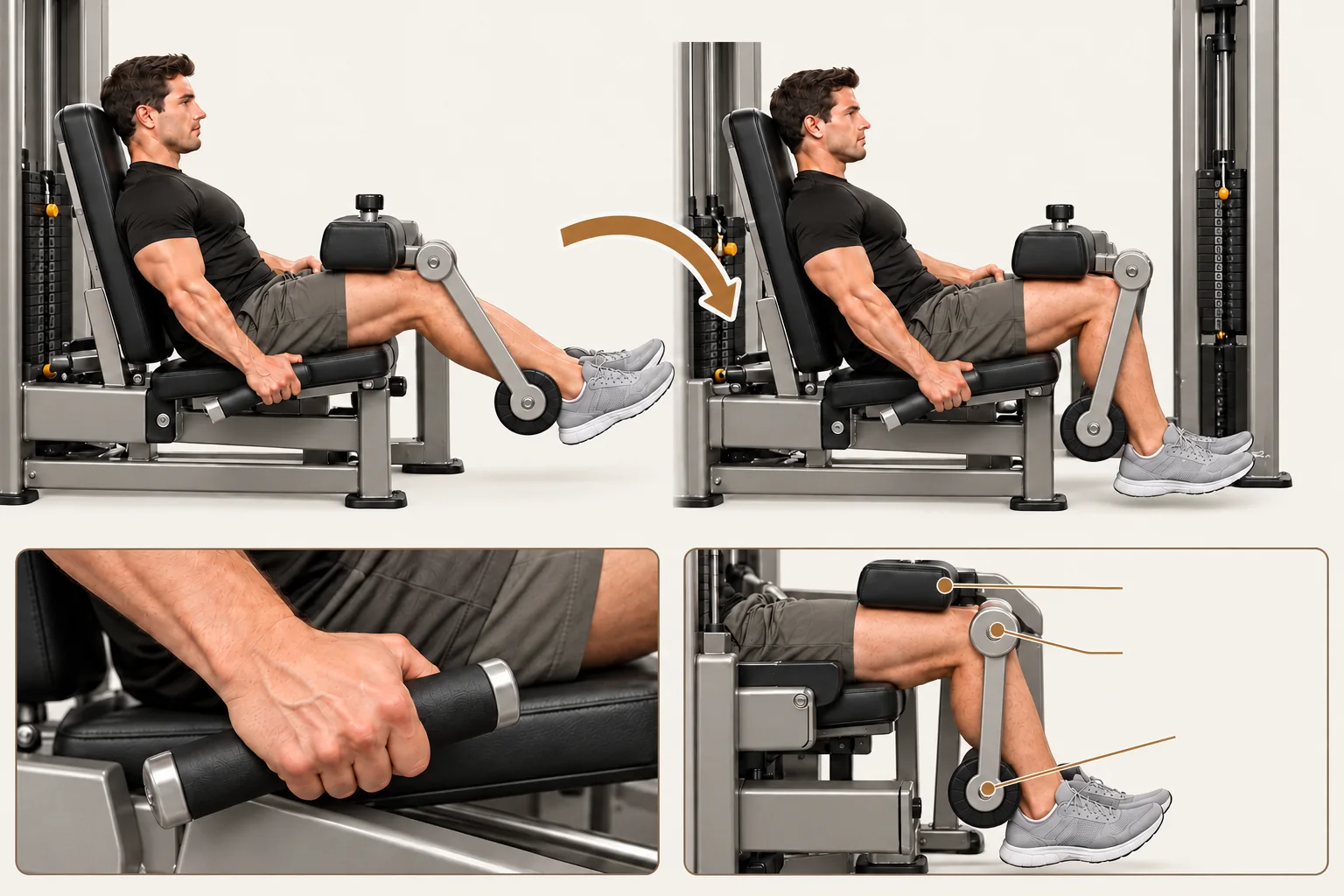 Seated leg curl start with lower legs extended forward and finish with knees bent. Thigh restraint stays above the knees, the moving roller supports the backs of the lower calves, and hands hold fixed handles. Arrows show the downward and backward curl, with grip and alignment close-ups.