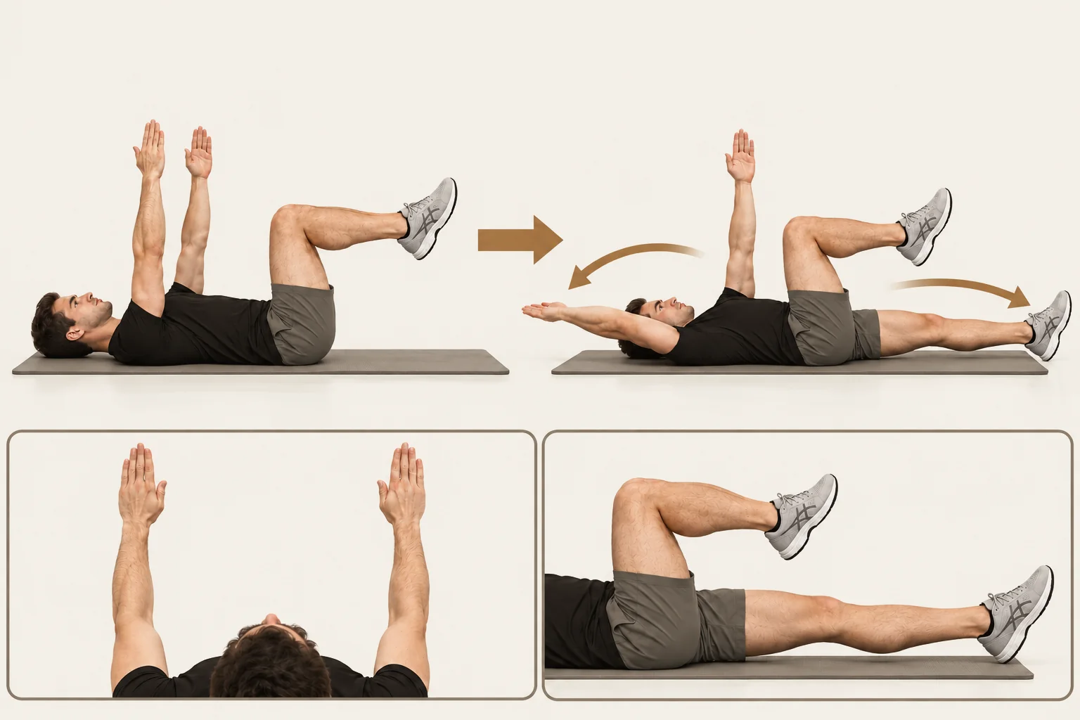 Dead bug: Arms upright, thighs upright, shins roughly horizontal. Movement: Reach one arm overhead while extending the opposite leg. Finish: One arm and the opposite leg reach away while the trunk stays still. Return before changing sides.