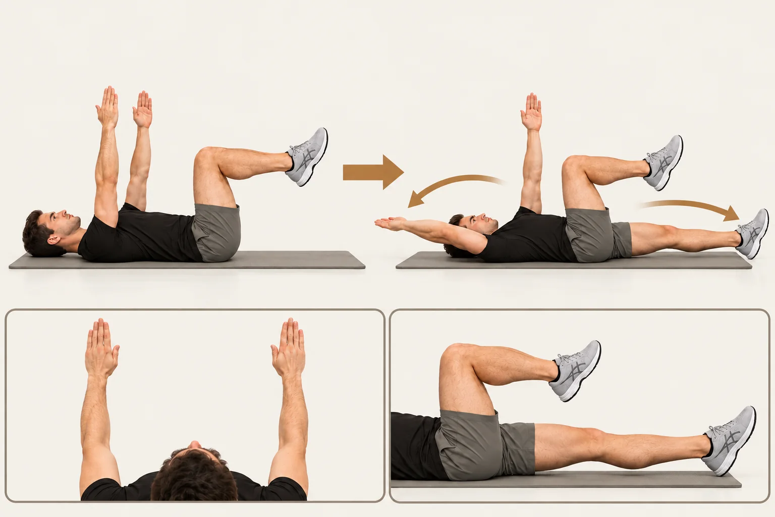 Dead bug: Arms upright, thighs upright, shins roughly horizontal. Movement: Reach one arm overhead while extending the opposite leg. Finish: One arm and the opposite leg reach away while the trunk stays still. Return before changing sides.