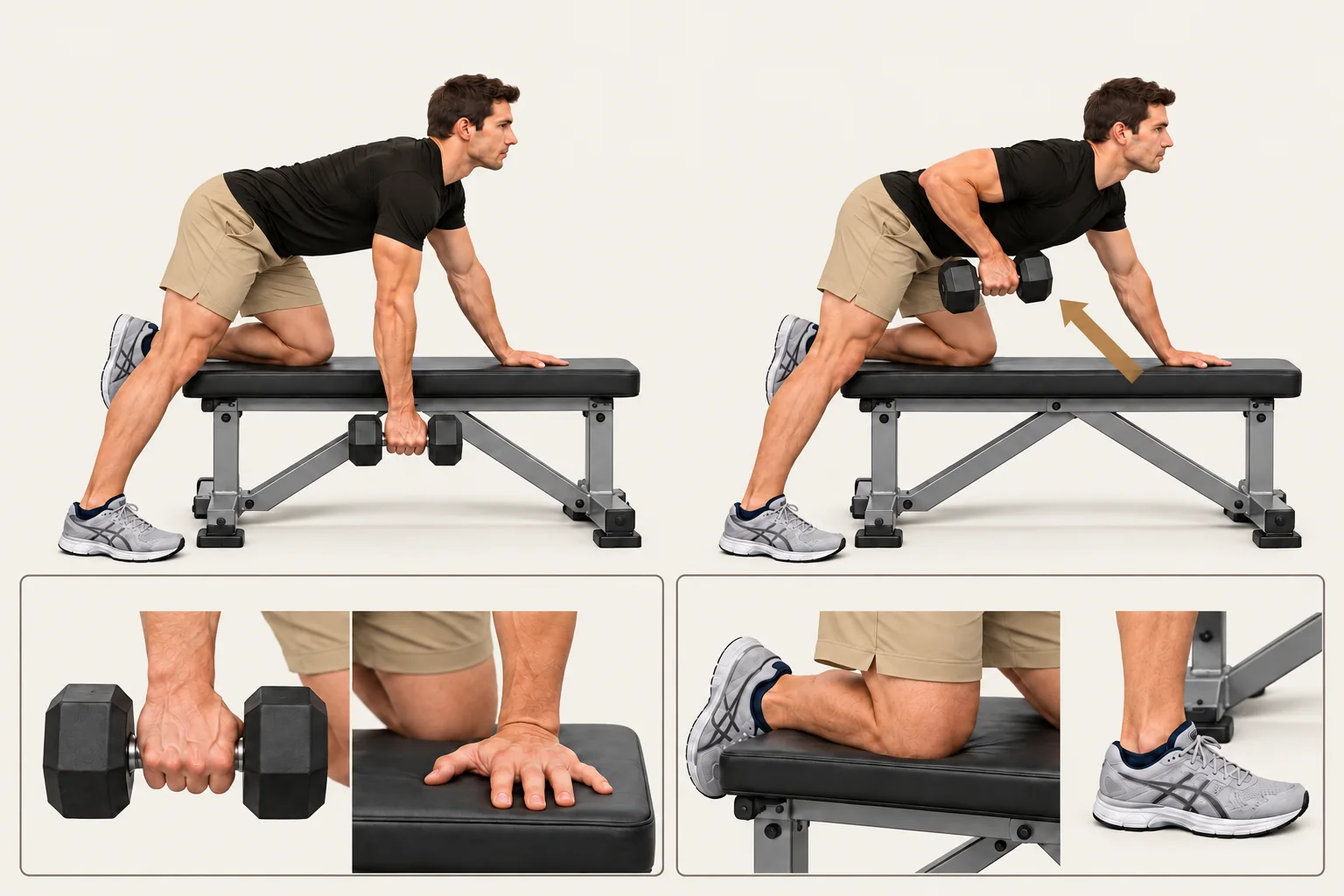 One-arm dumbbell row: Working arm hangs below the shoulder, elbow almost straight. Movement: Pull the dumbbell toward your hip or lower ribs, elbow close to your side. Finish: Dumbbell near lower ribs, elbow by the trunk. Return to a hanging arm.