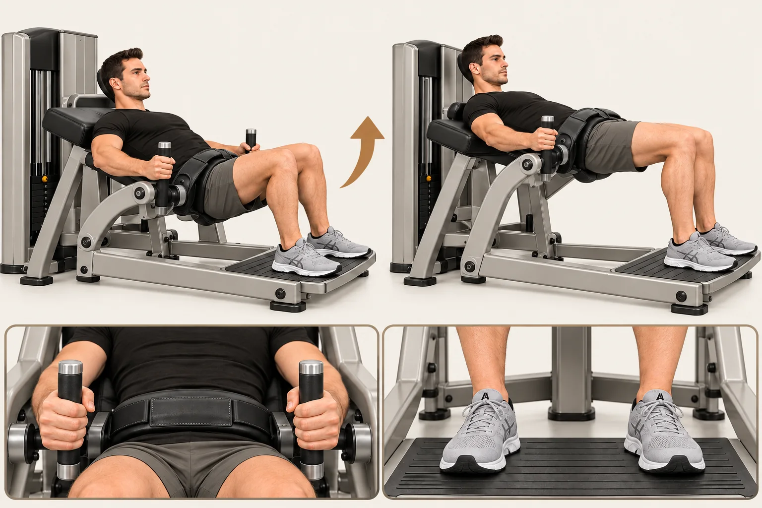 Hip thrust machine: Hips lowered comfortably, knees bent, upper back against the support. Movement: Push through both whole feet to raise the hips. Finish: Hips raised, upper back and feet supported. Return slowly.
