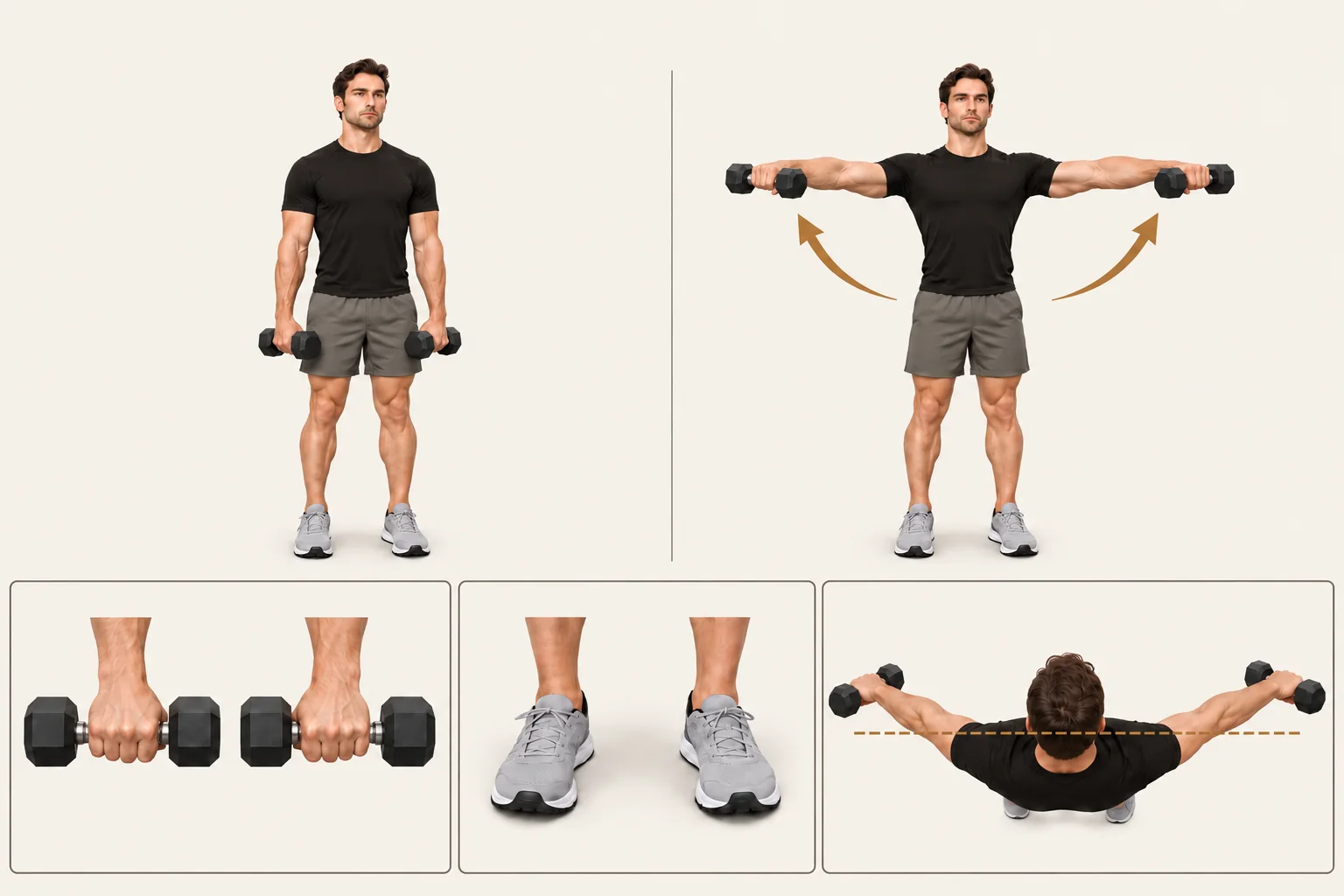 Dumbbell lateral raise: Arms beside thighs; elbows slightly bent. Movement: Raise the arms out to the sides and slightly forward. Finish: Arms no higher than shoulders. Return to the sides.