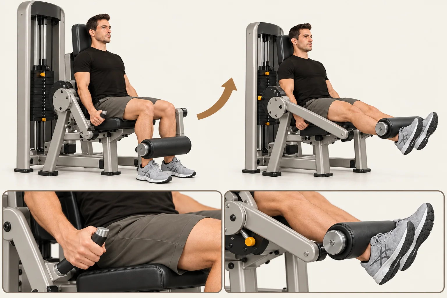 Leg extension: Sit with knees bent at the machine’s comfortable starting angle. Movement: Straighten both knees to raise the shin roller. Finish: Legs extended forward, hips still in the seat.
