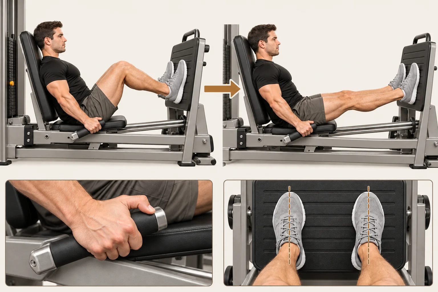 Seated leg press start with knees bent and finish with legs almost straight; hands hold side handles, full feet contact the plate; close-ups show grip and knee-to-toe alignment.