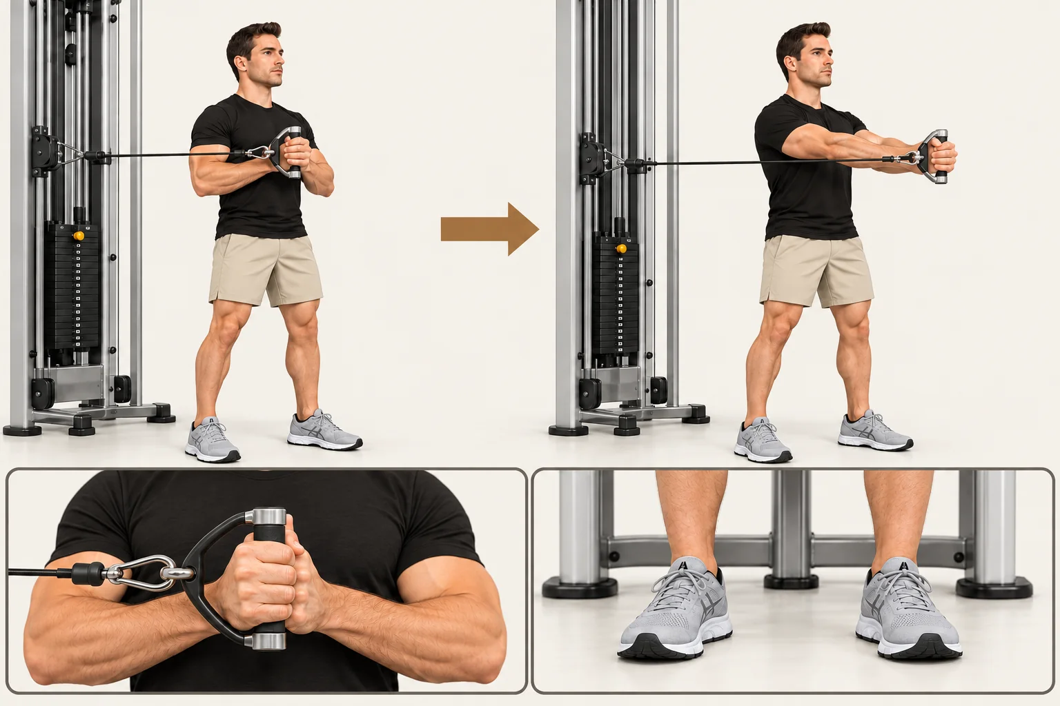 Pallof press: Hands at the middle of the chest, elbows bent. Movement: Press both hands straight forward, away from your chest. Finish: Arms extended in front, trunk still. Return to chest level.