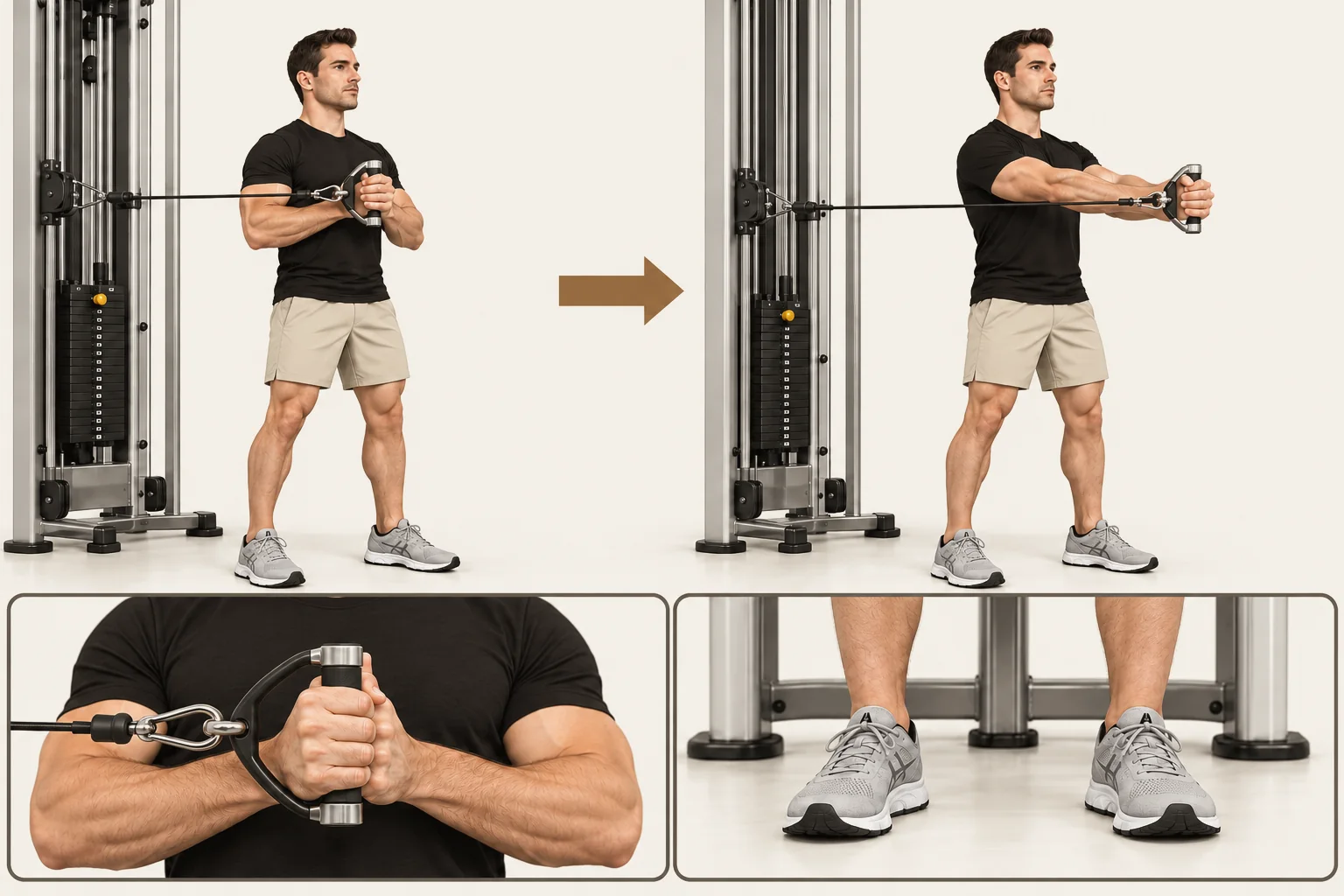 Pallof press: Hands at the middle of the chest, elbows bent. Movement: Press both hands straight forward, away from your chest. Finish: Arms extended in front, trunk still. Return to chest level.