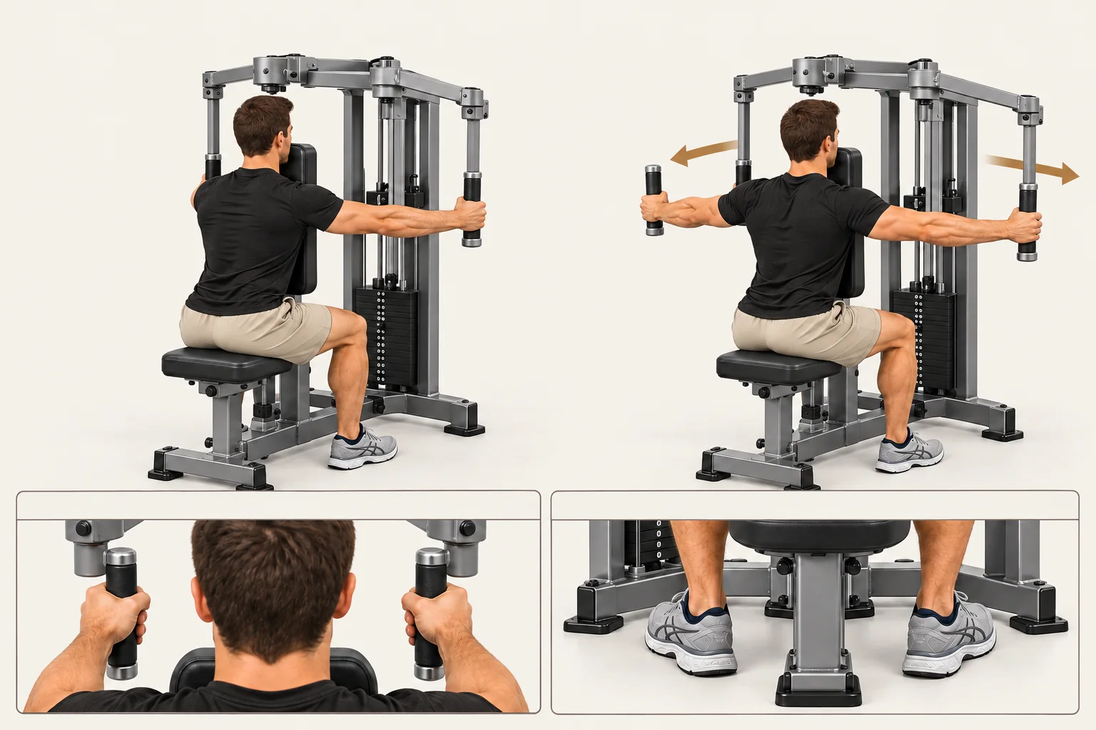 Reverse pec deck: Arms reaching forward, chest supported. Movement: Sweep the arms out to the sides with the same slight elbow bend. Finish: Arms spread to the sides; chest stays on the pad.