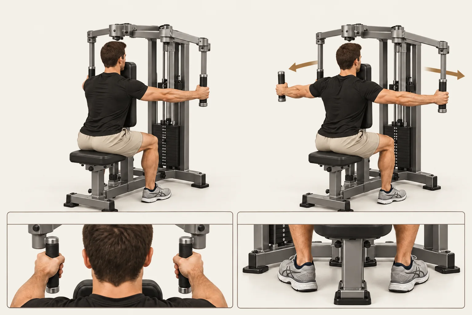 Reverse pec deck: Arms reaching forward, chest supported. Movement: Sweep the arms out to the sides with the same slight elbow bend. Finish: Arms spread to the sides; chest stays on the pad.
