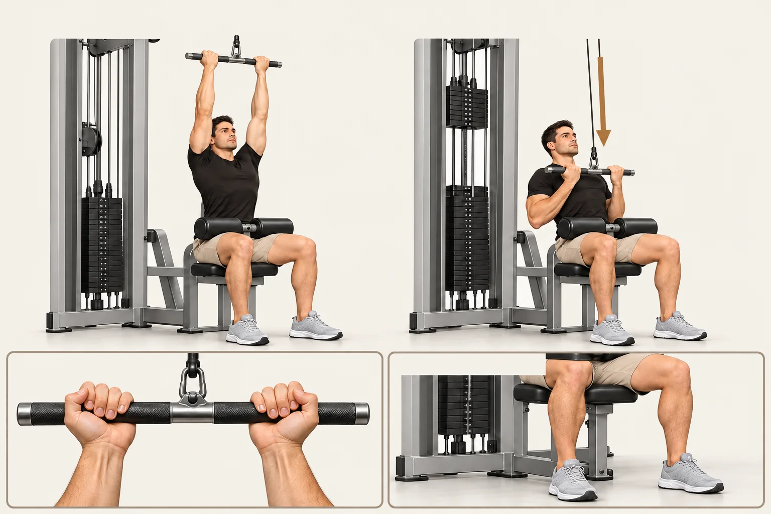 Reverse-grip narrow lat pulldown: Arms overhead, elbows almost straight, chest comfortably tall. Movement: Pull toward the upper chest with elbows close to your sides. Finish: Bar near upper chest, elbows beside ribs. Return to the start.