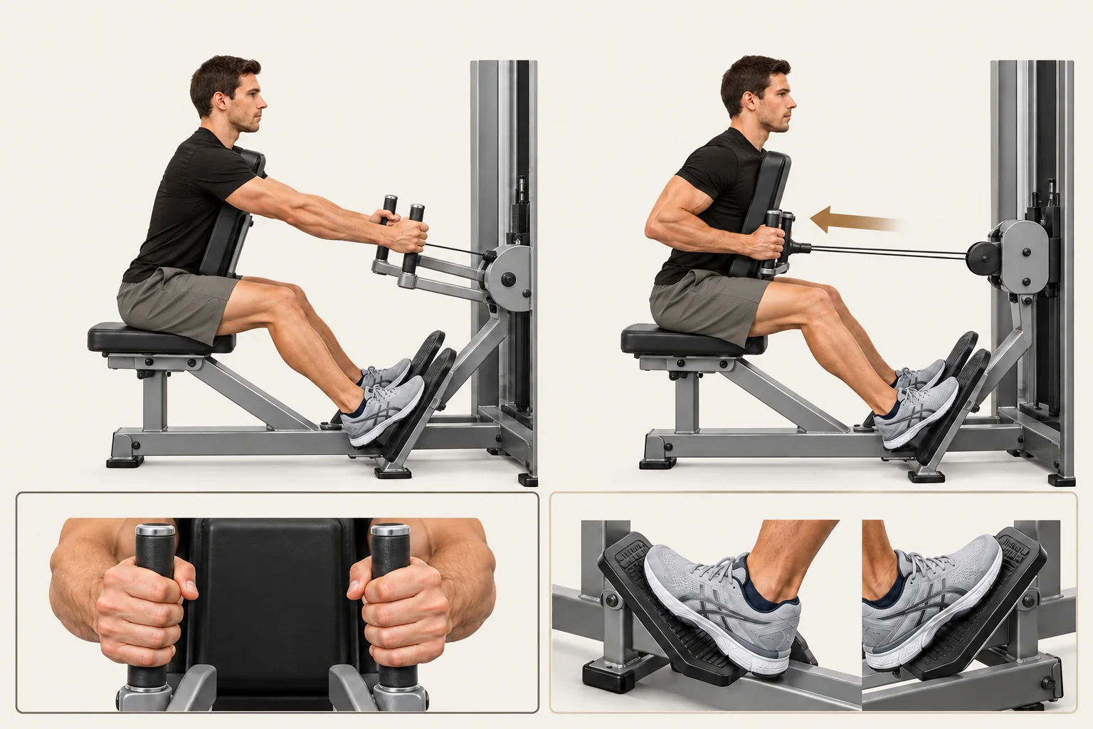 Chest-supported row start with arms extended forward and finish with elbows beside the body, handles near lower ribs; close-ups show palms facing each other and feet planted on supports.