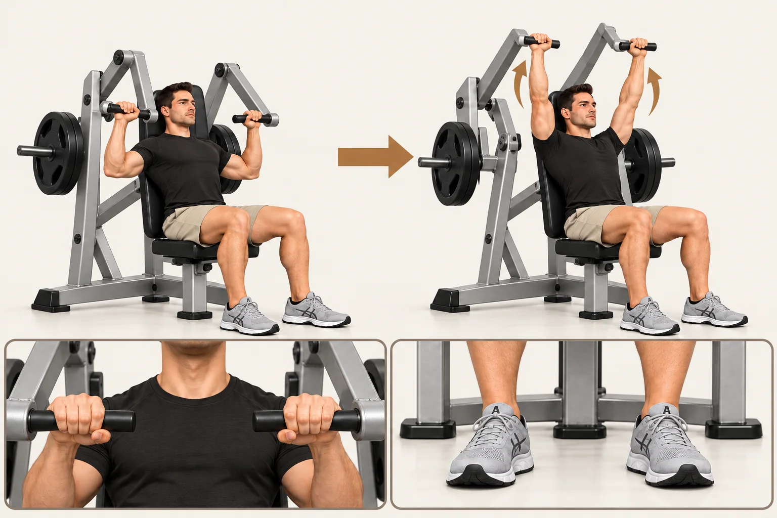 Seated machine shoulder press: the same horizontal handles and overhand grip in the start and overhead finish positions. Back and hips stay on the pad, feet stay flat, and upward arrows show the press.