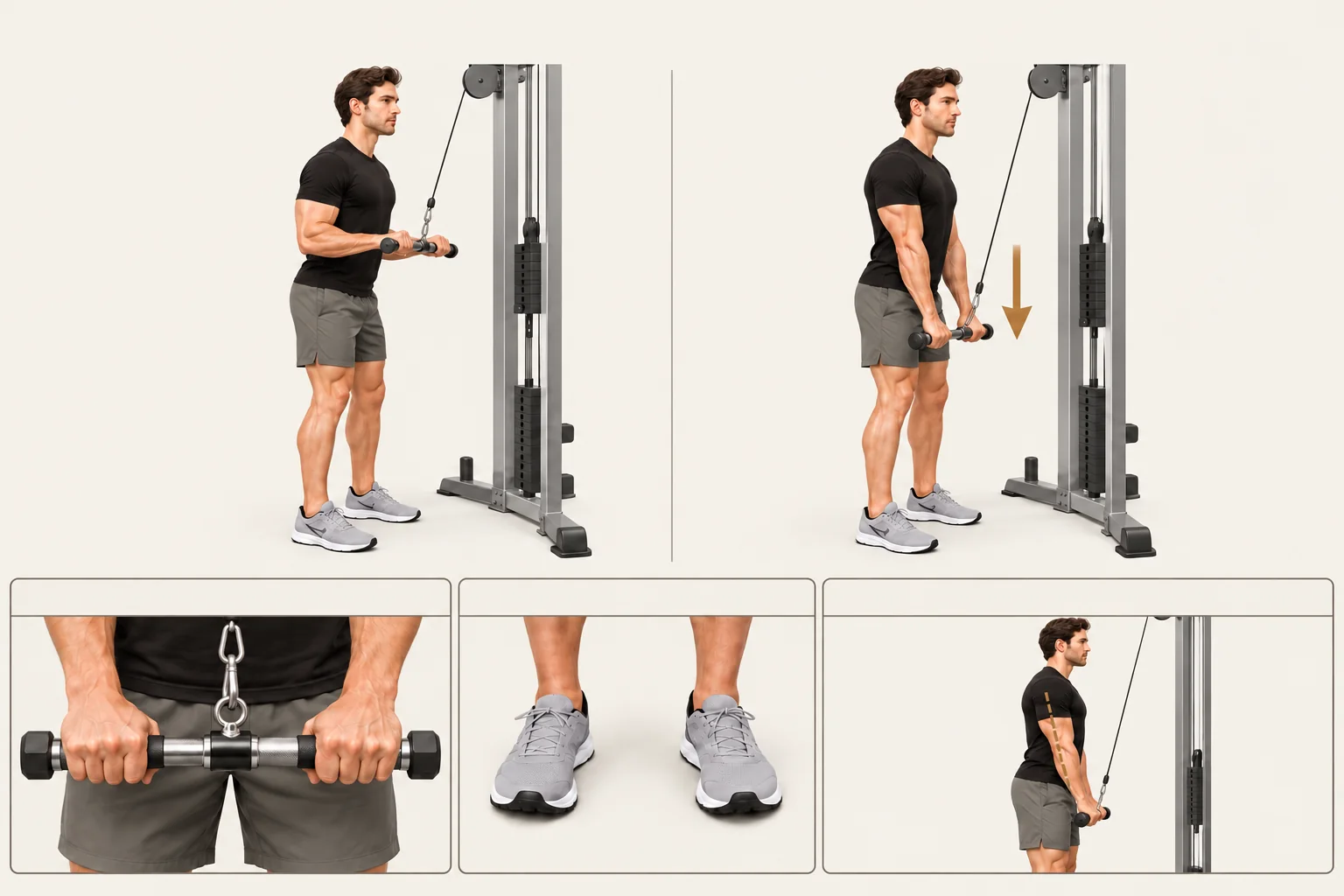 Cable triceps pushdown: Elbows bent about 90 degrees; bar near the upper abdomen. Movement: Straighten the elbows to push the bar toward your thighs. Finish: Arms almost straight, bar near thighs. Return under control.