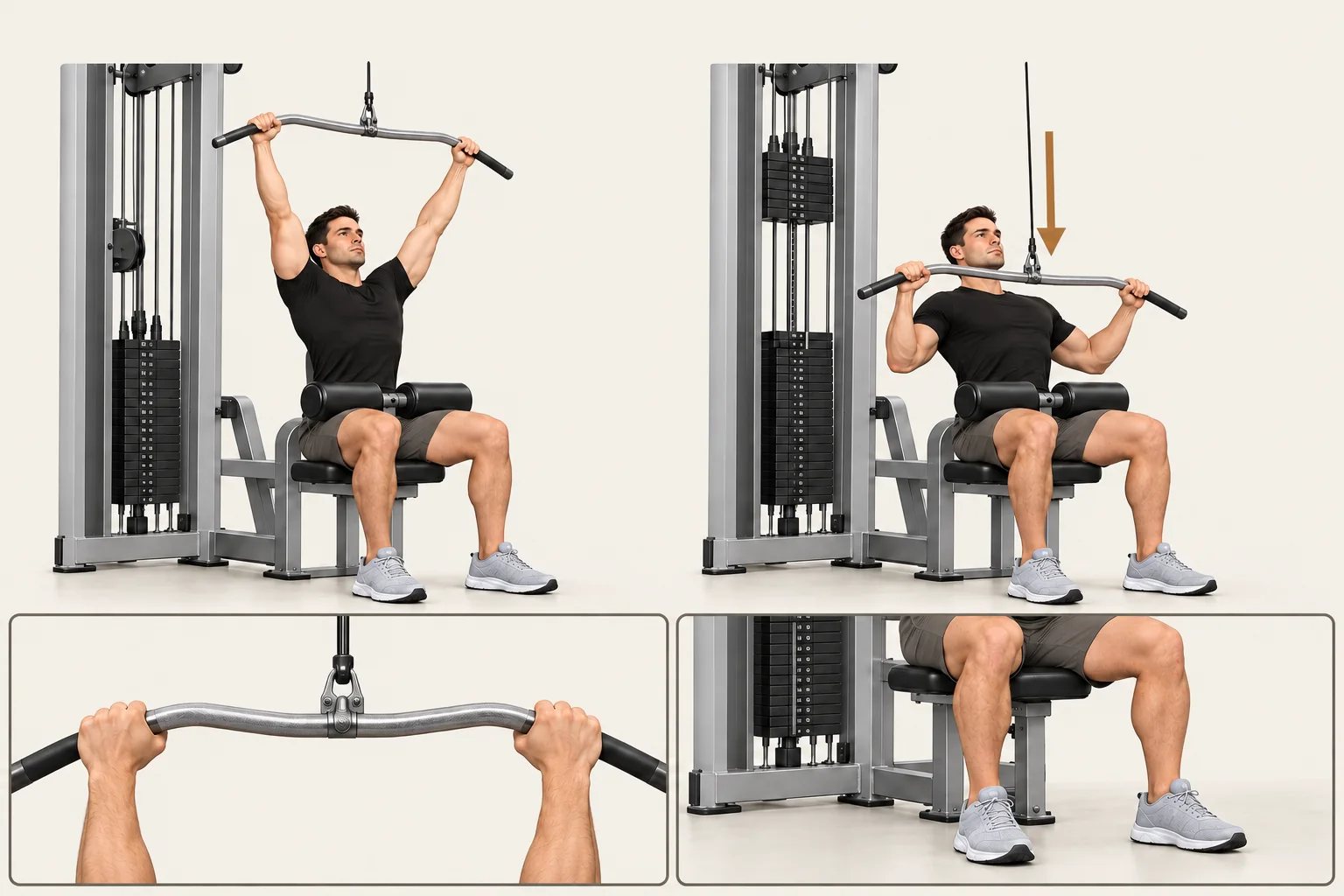 Wide-grip lat pulldown: Sit with arms reaching overhead and elbows almost straight. Movement: Pull the bar toward your upper chest, with elbows moving down and out. Finish: Bar near upper chest; torso stays still. Return overhead for the next rep.