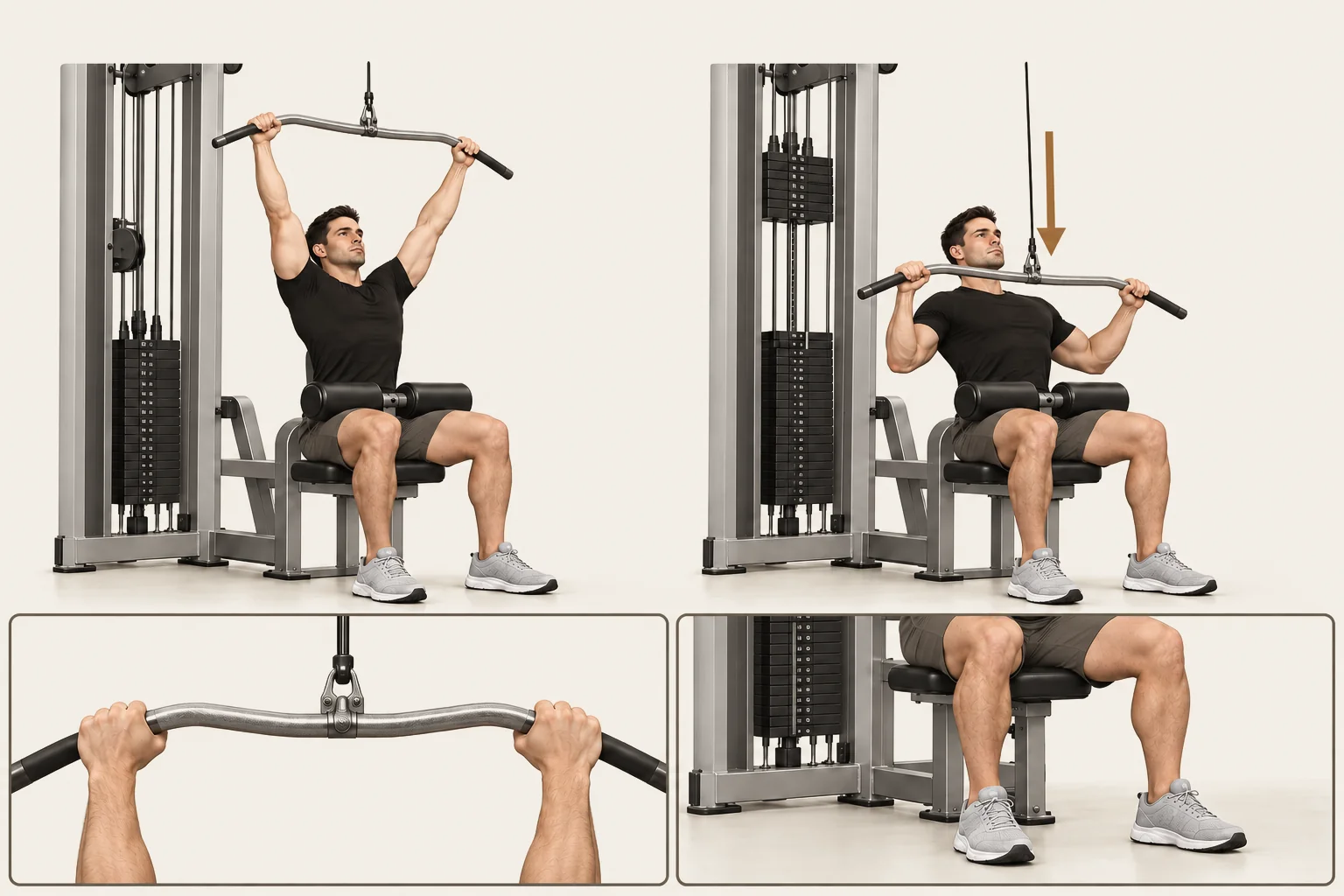 Wide-grip lat pulldown: Sit with arms reaching overhead and elbows almost straight. Movement: Pull the bar toward your upper chest, with elbows moving down and out. Finish: Bar near upper chest; torso stays still. Return overhead for the next rep.
